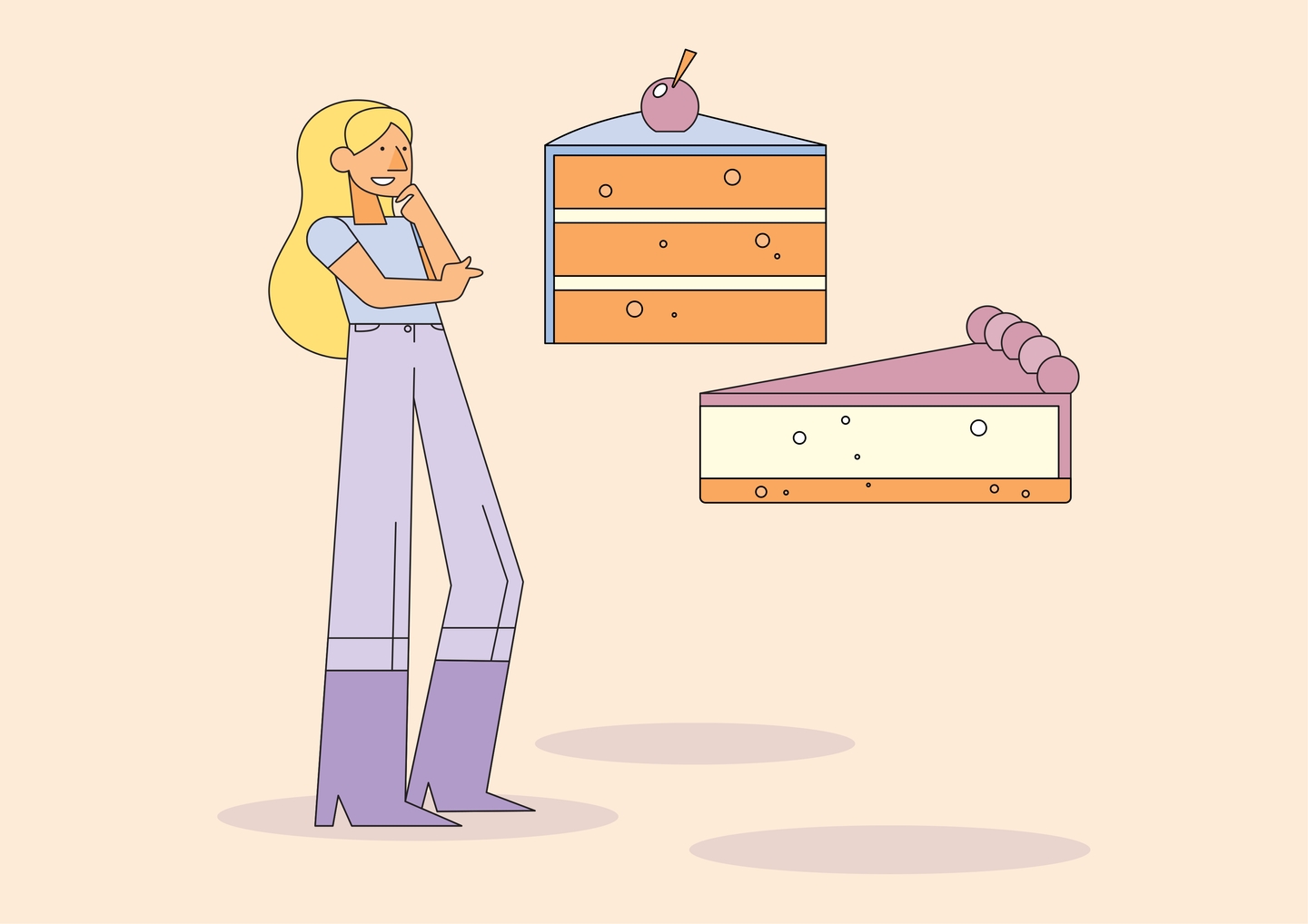 Illustration: Woman deciding between two pieces of cake